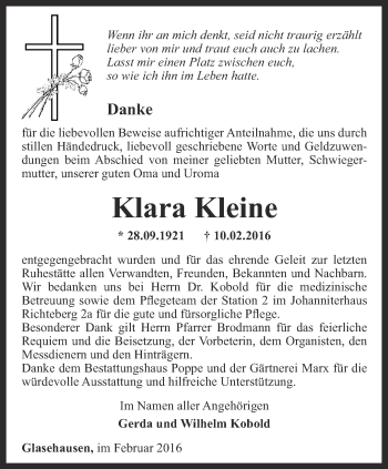 Traueranzeige von Klara Kleine von Thüringer Allgemeine