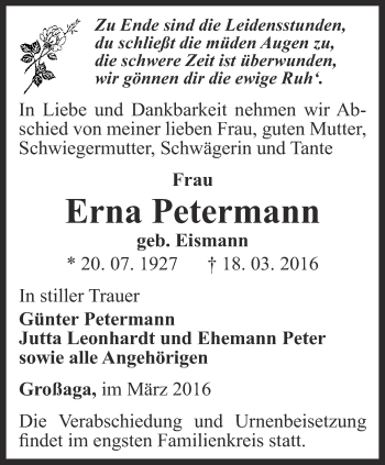 Traueranzeige von Erna Petermann von Ostthüringer Zeitung