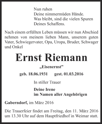 Traueranzeige von Ernst Riemann von Thüringer Allgemeine, Thüringische Landeszeitung