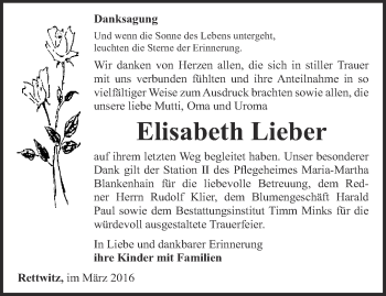 Traueranzeige von Elisabeth Lieber von Thüringer Allgemeine, Thüringische Landeszeitung