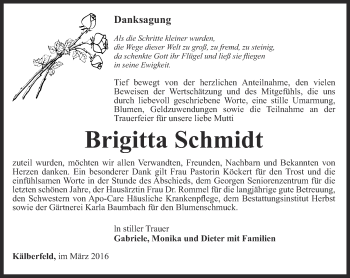 Traueranzeige von Brigitta Schmidt von Thüringer Allgemeine, Thüringische Landeszeitung