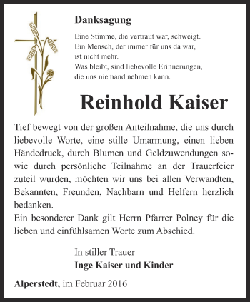 Traueranzeige von Reinhold Kaiser von Thüringer Allgemeine, Thüringische Landeszeitung