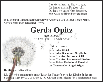 Traueranzeige von Gerda Opitz von Ostthüringer Zeitung