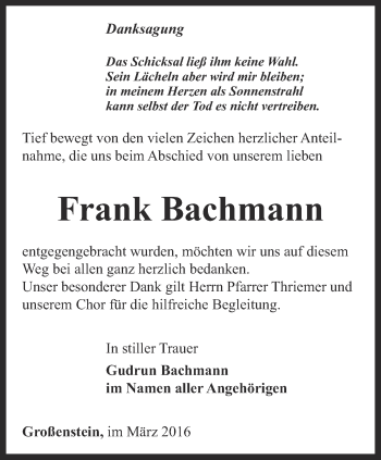 Traueranzeige von Frank Bachmann von Ostthüringer Zeitung