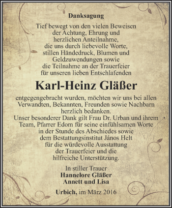 Traueranzeige von Karl-Heinz Gläßer von Thüringer Allgemeine, Thüringische Landeszeitung