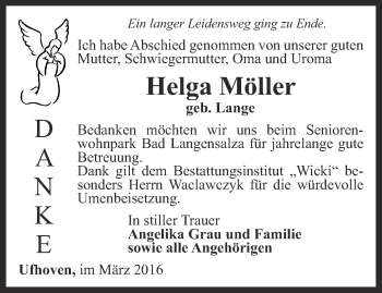 Traueranzeige von Helga Möller von Thüringer Allgemeine, Thüringische Landeszeitung