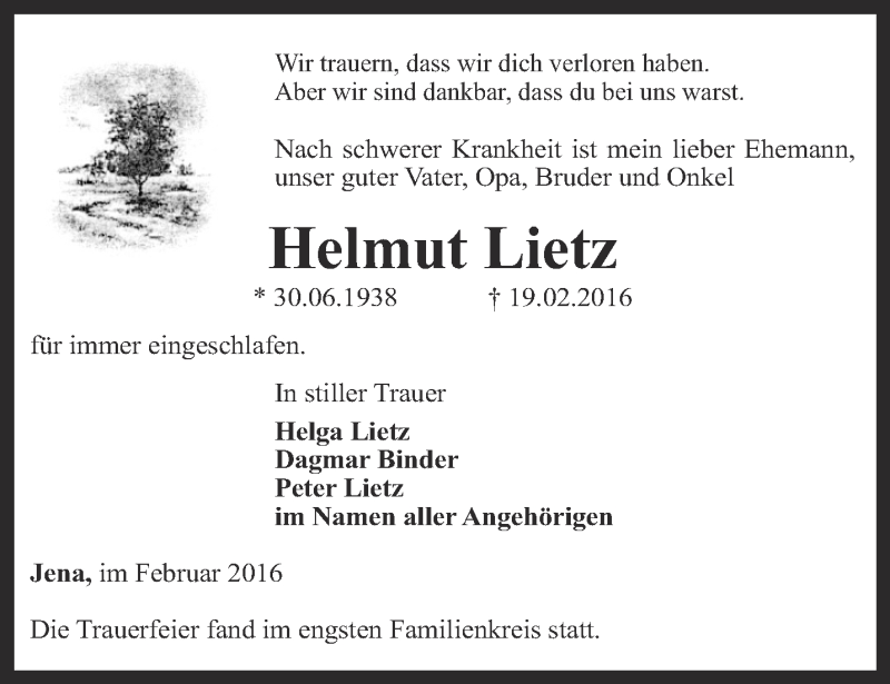  Traueranzeige für Helmut Lietz vom 19.03.2016 aus Ostthüringer Zeitung, Thüringische Landeszeitung