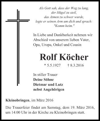 Traueranzeige von Rolf Köcher von Thüringer Allgemeine, Thüringische Landeszeitung