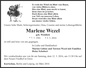 Traueranzeige von Marlene Wezel von Ostthüringer Zeitung