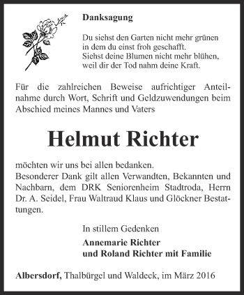 Traueranzeige von Helmut Richter von Ostthüringer Zeitung