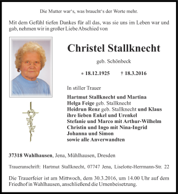 Traueranzeige von Christel Stallknecht von Thüringer Allgemeine