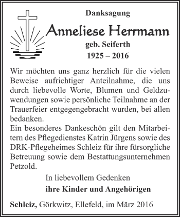 Traueranzeige von Anneliese Hermann von Ostthüringer Zeitung