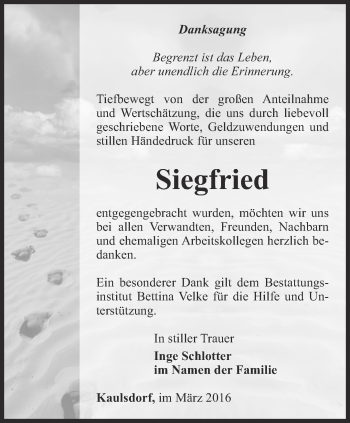 Traueranzeige von Siegfried Schlotter von Ostthüringer Zeitung