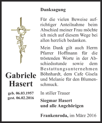 Traueranzeige von Gabriele Hasert von Thüringer Allgemeine, Thüringische Landeszeitung