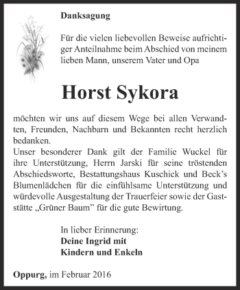 Traueranzeige von Horst Sykora von Ostthüringer Zeitung