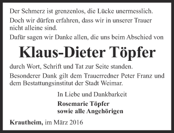 Traueranzeige von Klaus-Dieter Töpfer von Thüringer Allgemeine, Thüringische Landeszeitung
