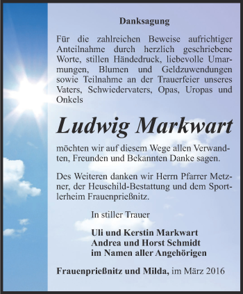 Traueranzeige von Ludwig Markwart von Ostthüringer Zeitung, Thüringische Landeszeitung