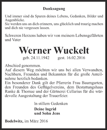 Traueranzeige von Werner Wuckelt von Ostthüringer Zeitung