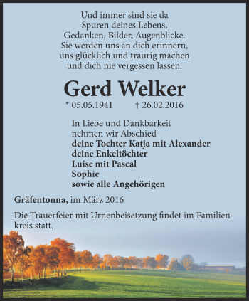 Traueranzeige von Gerd Welker von Thüringer Allgemeine, Thüringische Landeszeitung