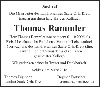 Traueranzeige von Thomas Rammler von Ostthüringer Zeitung