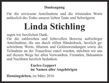 Traueranzeige von Linda Stichling von Thüringer Allgemeine, Thüringische Landeszeitung