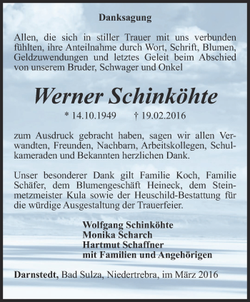 Traueranzeige von Werner Schinköthe von Thüringer Allgemeine, Thüringische Landeszeitung