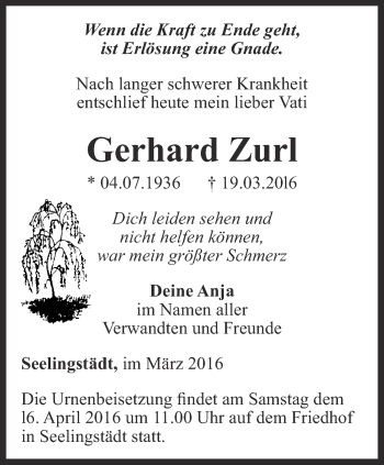 Traueranzeige von Gerhard Zurl von Ostthüringer Zeitung