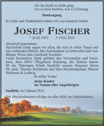 Traueranzeige von Josef Fischer von Ostthüringer Zeitung