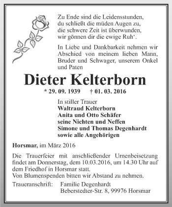 Traueranzeige von Dieter Kelterborn von Thüringer Allgemeine, Thüringische Landeszeitung