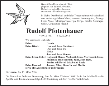 Traueranzeige von Rudolf Pfotenhauer von Thüringer Allgemeine, Thüringische Landeszeitung