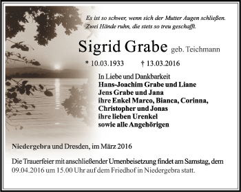 Traueranzeige von Sigrid Grabe von Thüringer Allgemeine