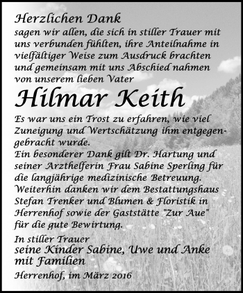 Traueranzeige von Hilmar Keith von Ostthüringer Zeitung, Thüringische Landeszeitung