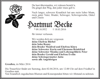 Traueranzeige von Hartmut Becke von Thüringer Allgemeine