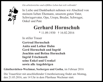 Traueranzeige von Gerhard Hornschuh von Ostthüringer Zeitung, Thüringische Landeszeitung