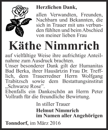 Traueranzeige von Käthe Nimmrich von Thüringer Allgemeine, Thüringische Landeszeitung