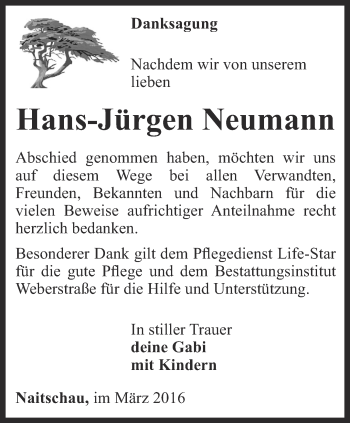 Traueranzeige von Hans-Jürgen Neumann von Ostthüringer Zeitung