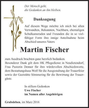 Traueranzeige von Martin Fischer von Ostthüringer Zeitung, Thüringische Landeszeitung