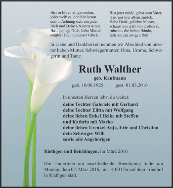 Traueranzeige von Ruth Walther von Thüringer Allgemeine