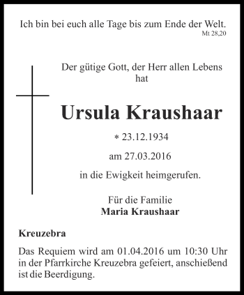 Traueranzeige von Ursula Kraushaar von Thüringer Allgemeine