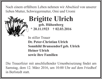 Traueranzeige von Brigitte Ulrich von Thüringer Allgemeine, Thüringische Landeszeitung