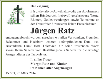 Traueranzeige von Jürgen Ratz von Thüringer Allgemeine, Thüringische Landeszeitung