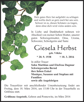 Traueranzeige von Giesela Herbst von Thüringer Allgemeine