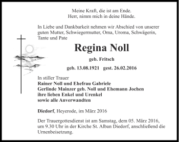 Traueranzeige von Regina Noll von Thüringer Allgemeine, Thüringische Landeszeitung