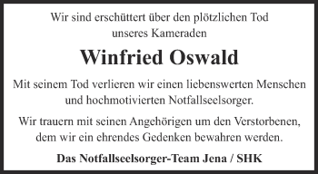 Traueranzeige von Winfried Oswald von Ostthüringer Zeitung, Thüringische Landeszeitung