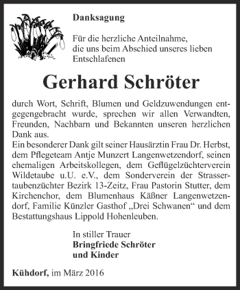 Traueranzeige von Gerhard Schröter von Ostthüringer Zeitung