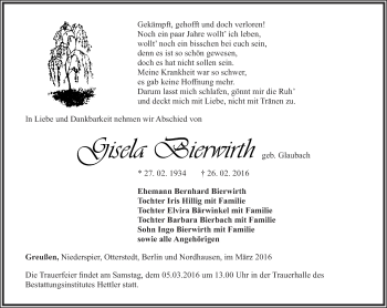 Traueranzeige von Gisela Bierwirth von Thüringer Allgemeine
