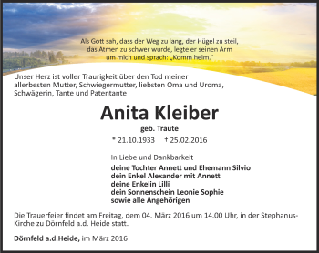 Traueranzeige von Anita Kleiber von Ostthüringer Zeitung