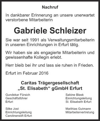 Traueranzeige von Gabriele Schleizer von Thüringer Allgemeine, Thüringische Landeszeitung