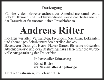 Traueranzeige von Andreas Ritter von Thüringer Allgemeine