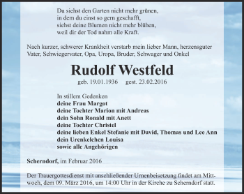 Traueranzeige von Rudolf Westfeld von Thüringer Allgemeine